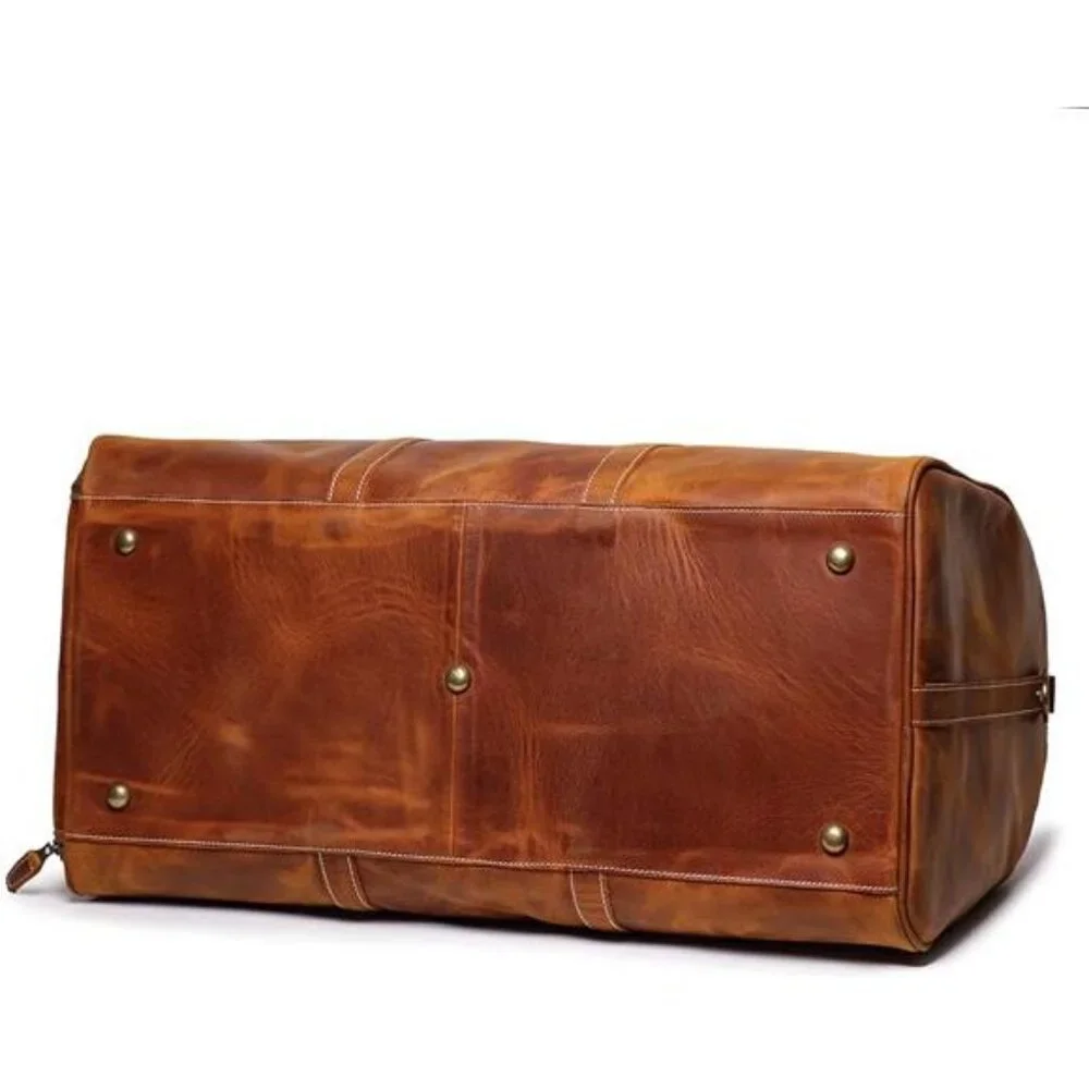 24 Inch Leather Travel Weekend Luggage Bag with Ykk Zipper Mens Duffle Retro